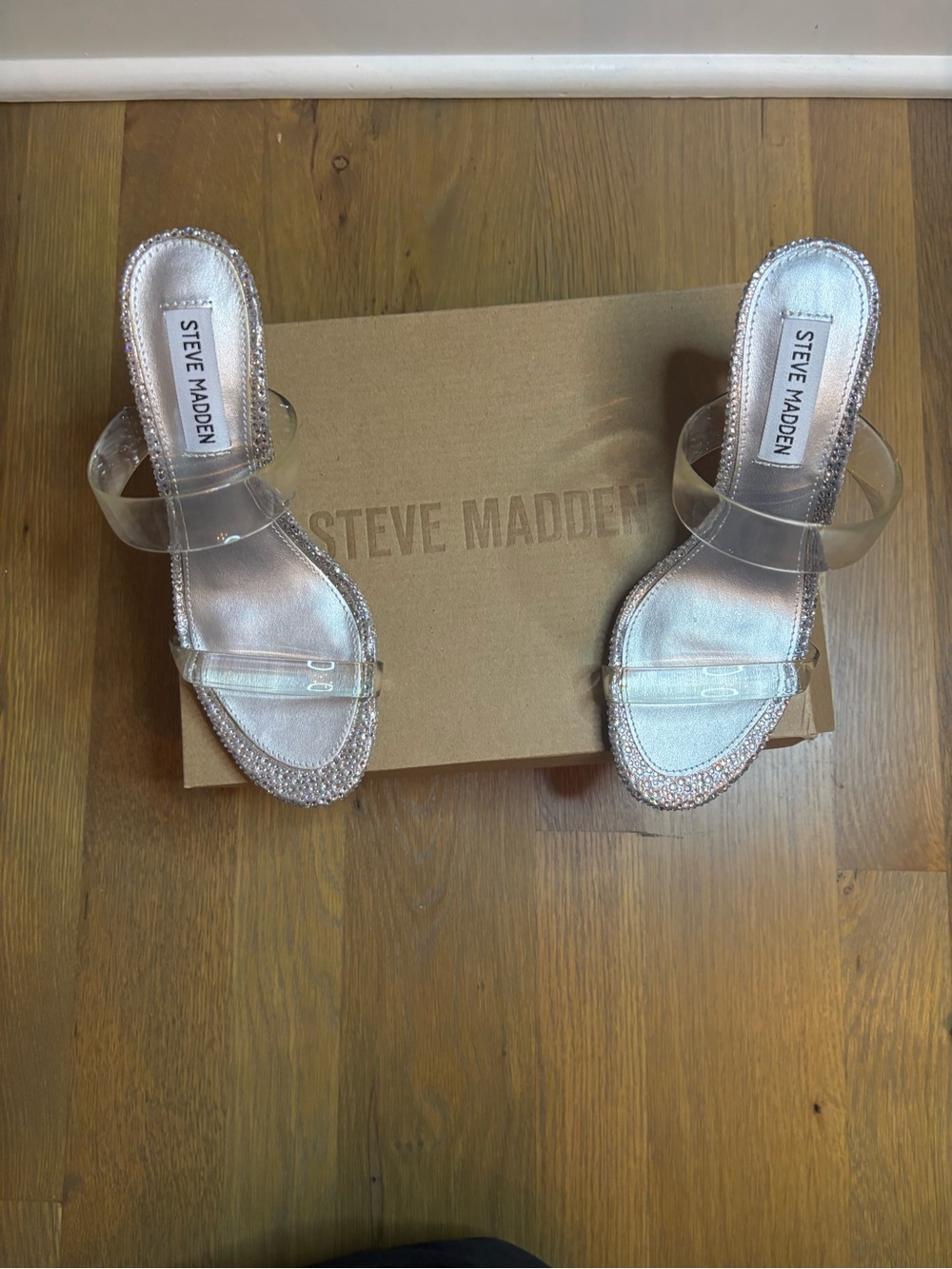 Steve Madden Clear Strap Slide Sandals with Crystal Trim - Silver